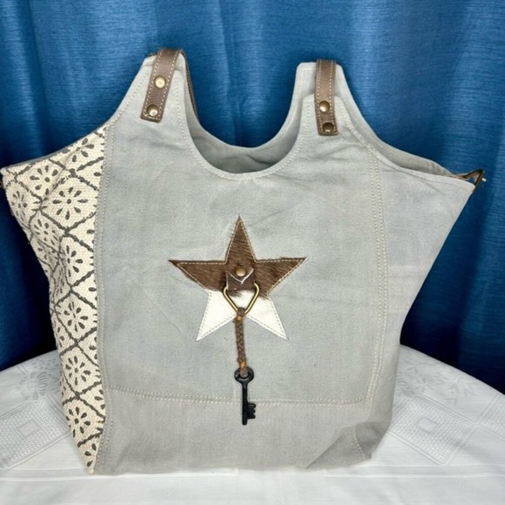 NWT Clea Ray Blue Recycled Canvas Tote Cowhide Star Bag